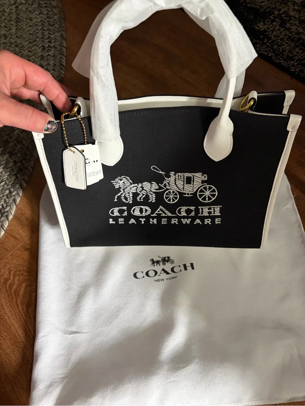 Coach Black and White Leather Logo Tote